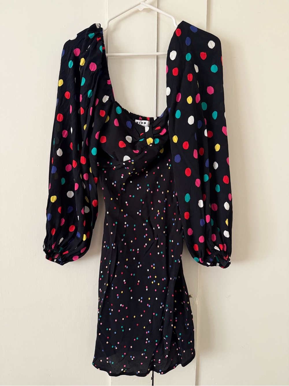RIXO Black Multicolor Polka-Dot Puff Sleeve Mini Dress
